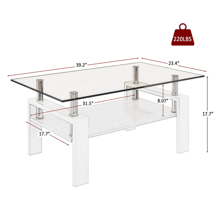 Modern Rectangular Coffee Table With Tempered Transparent Glass Top And Storage Shelf