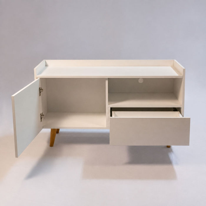 TV Stand For TVs Up To 45" With Open Storage Shelf, Cable Management, 1 Door And 1 Drawer