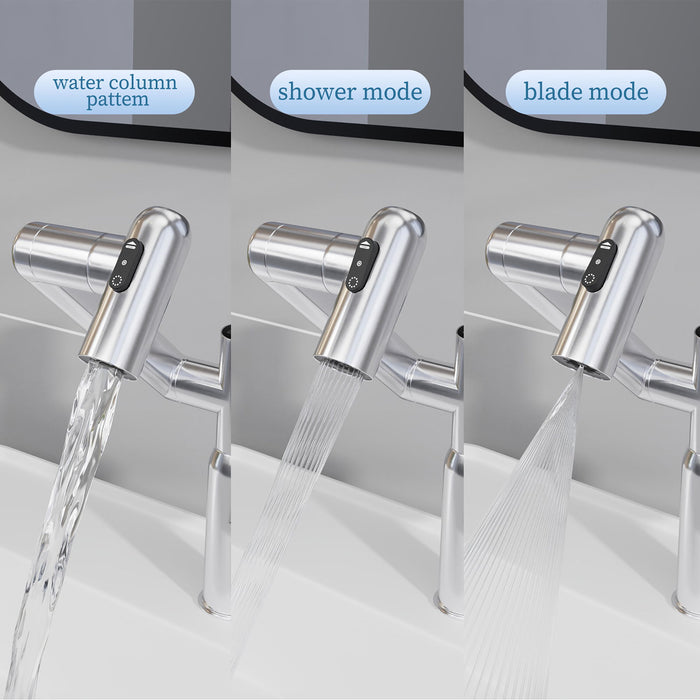 Bathroom Sink Faucet With Spray Function And Temperature Display, Anti Skid Switch, 360 Degree Rotary