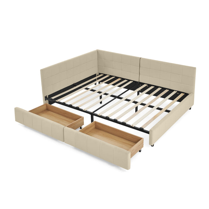 Mid-Century Storage Upholstered Tufted Bed Frame With Backrest And Armrests