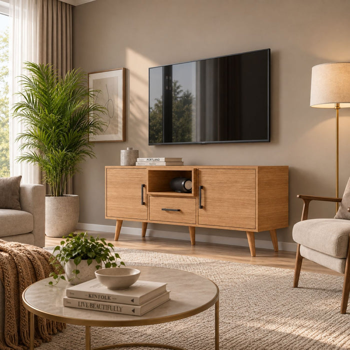 TV Stand For TVs Up To 60" With 2 Doors, 1 Drawer And 1 Open Shelf - Oak