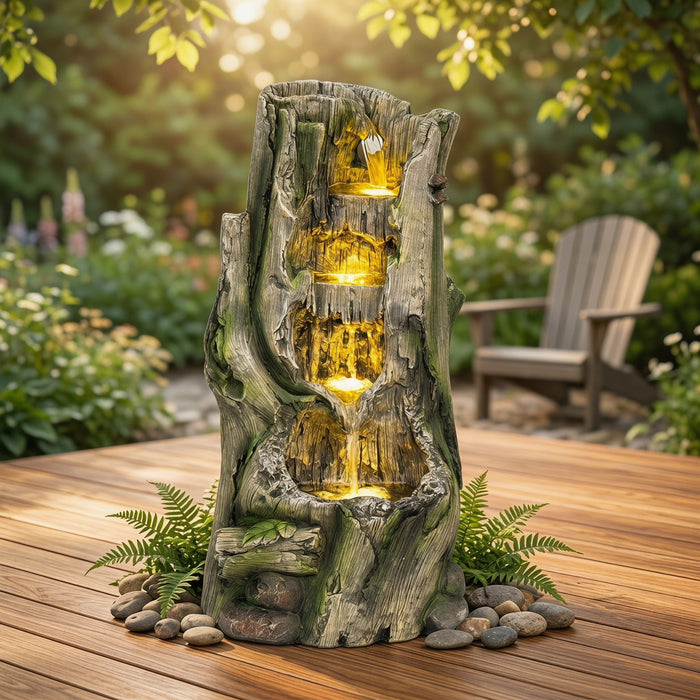 Outdoor Water Fountain, Tree Stump Cascading Fountain With Warm LED Lights - Earthy Yellow