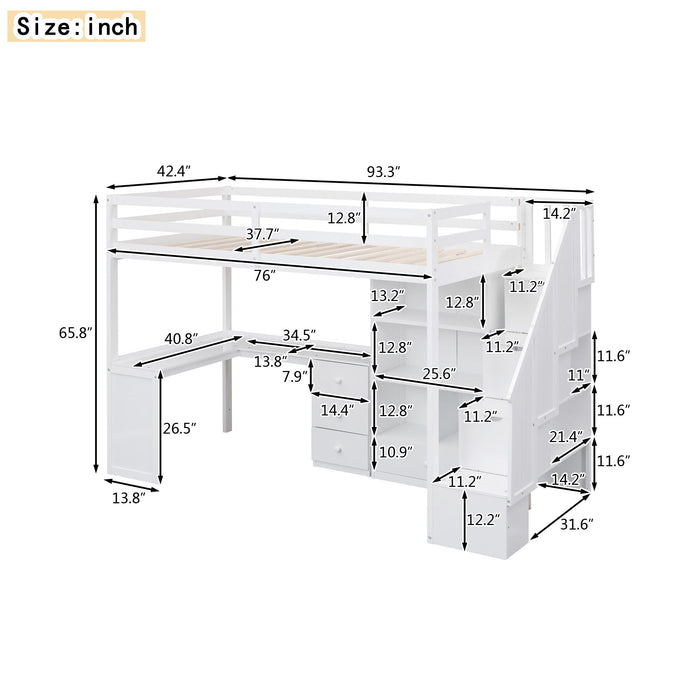 Loft Bed With L Shaped Desk, Drawers, Cabinet, And Storage Staircase