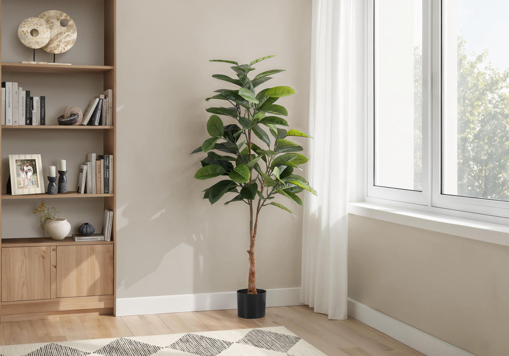 52" Tall, Artificial Plant, Rubber Tree, Indoor, Faux, Fake, Floor, Greenery, Potted, Real Touch, Decorative - Green / Black
