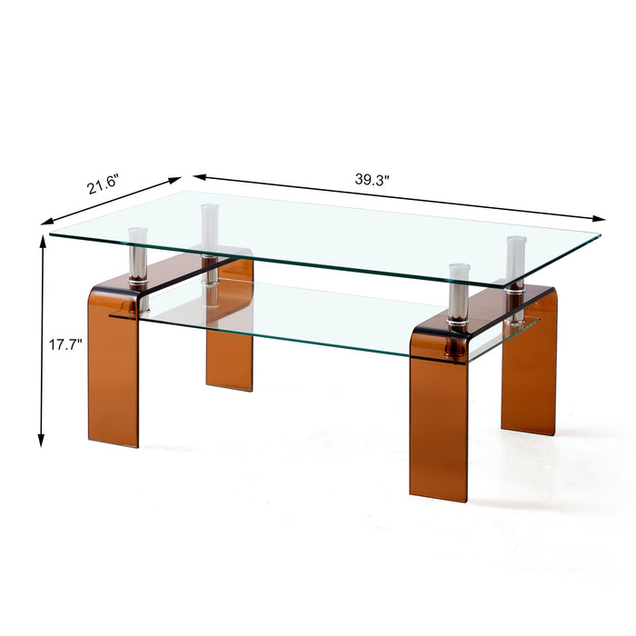 Modern Tempered Glass Coffee Table With 2 Tier Storage For Living Room