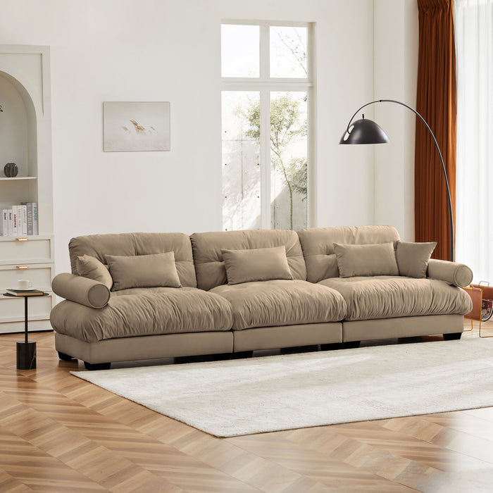 Modern Velvet Sofa With Bolstered Armrests And Pillows