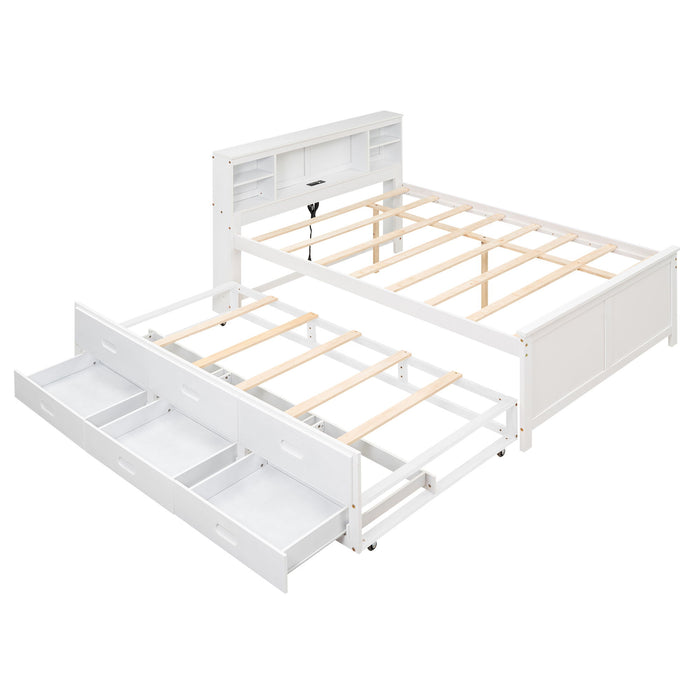 Platform Bed With Storage Headboard, USB, Trundle And 3 Drawers