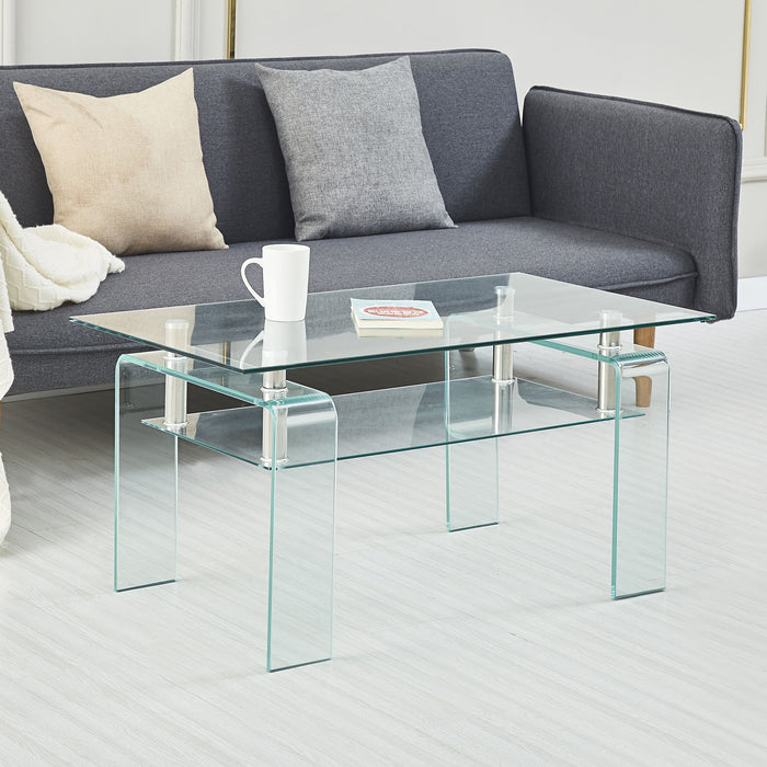 Modern Tempered Glass Coffee Table With 2 Tier Storage For Living Room