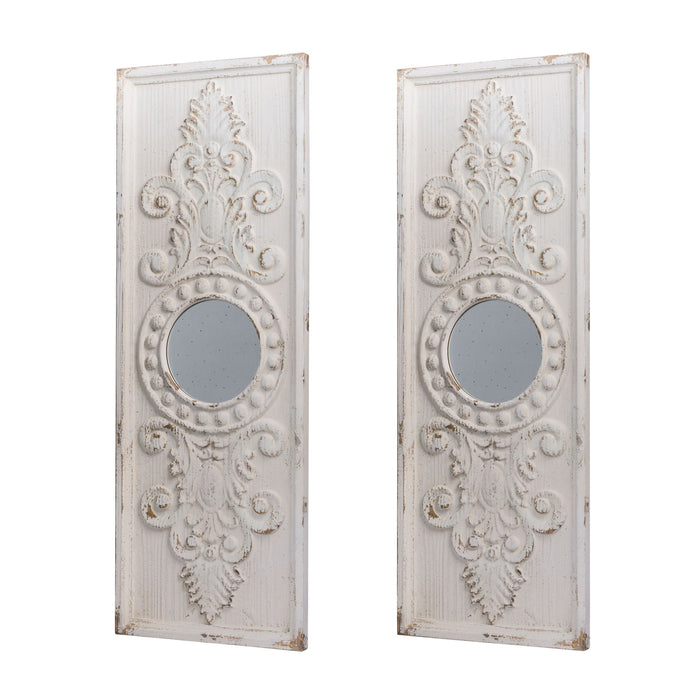 Large Wooden Wall Art Panels With Distressed Round Mirror Accents (Set of 2) - White