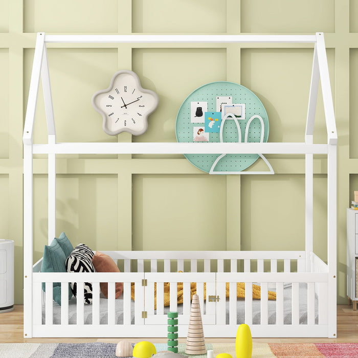 Wood House Bed With Fence And Door