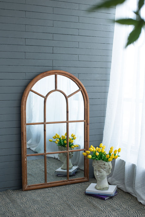 Large Arched Accent Mirror With Frame With Decorative Window Look Classic Architecture Style Solid Fir Wood Interior Decor - Brown