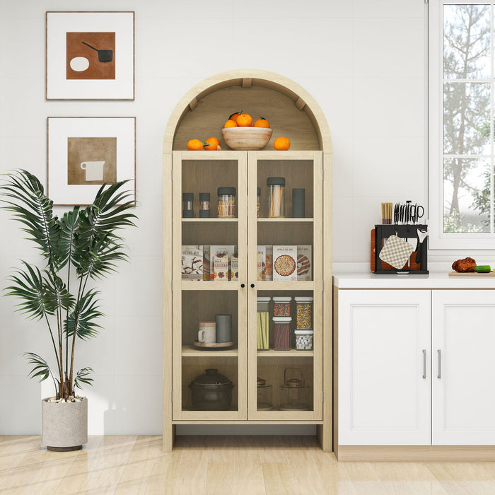 Tall Arched Kitchen Pantry, Modern Farmhouse Wood Kitchen Storage Cabinets, Arched Storage Display Cabinet With Adjustable Shelves, Versatile Cupboard For Kitchen, Dining Room - Natural