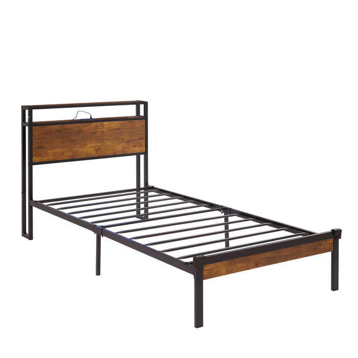 Metal Platform Bed Frame With Wooden Headboard And Footboard With USB Liner, No Box Spring Needed, Under Bed Storage