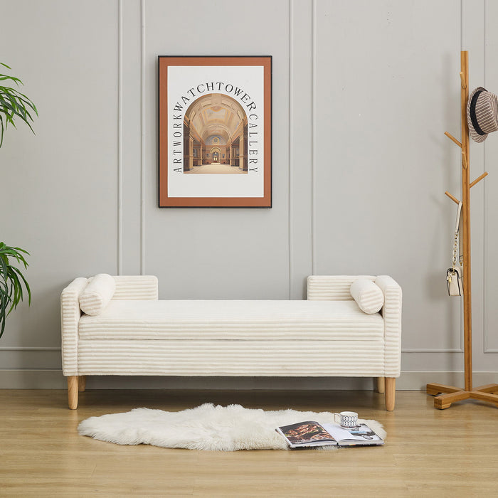 Wide Corduroy Storage Soft Bench With Armrests, Backrest And Two Bolster Pillows