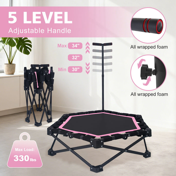 Foldable Mini Trampoline, 1 Step Fold & Open, 3 Level Adjustable T - Bar, Indoor & Outdoor Workout - Black / Pink