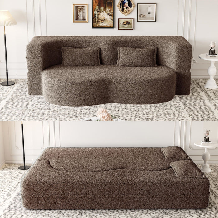 Modern Floor Sofa, With 2 Pillows, Convertible Teddy Fabric Foam Filled Bed