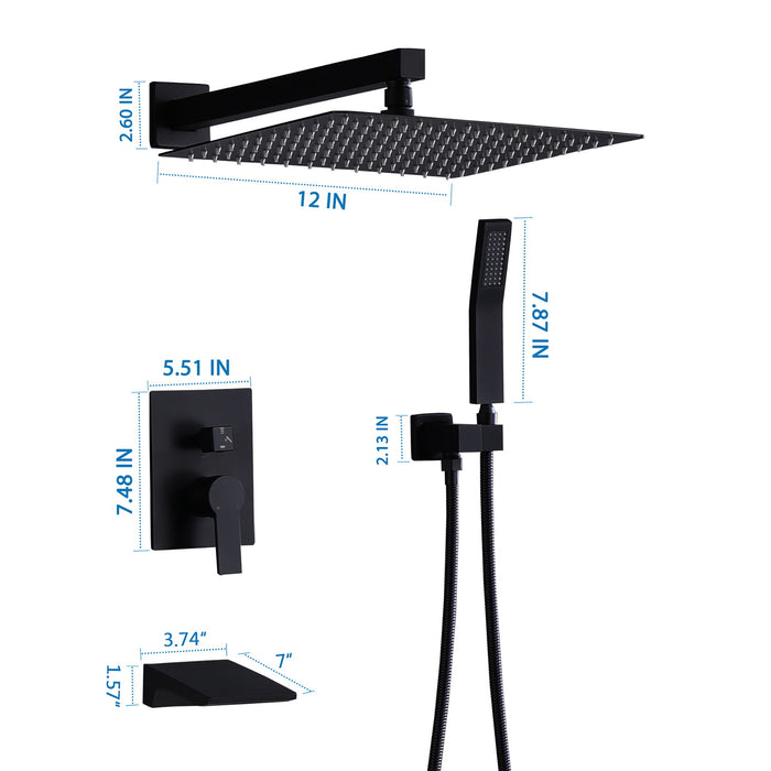 Tub Shower Faucet Set With 12" Rain Shower Head And Handheld Spray Combo