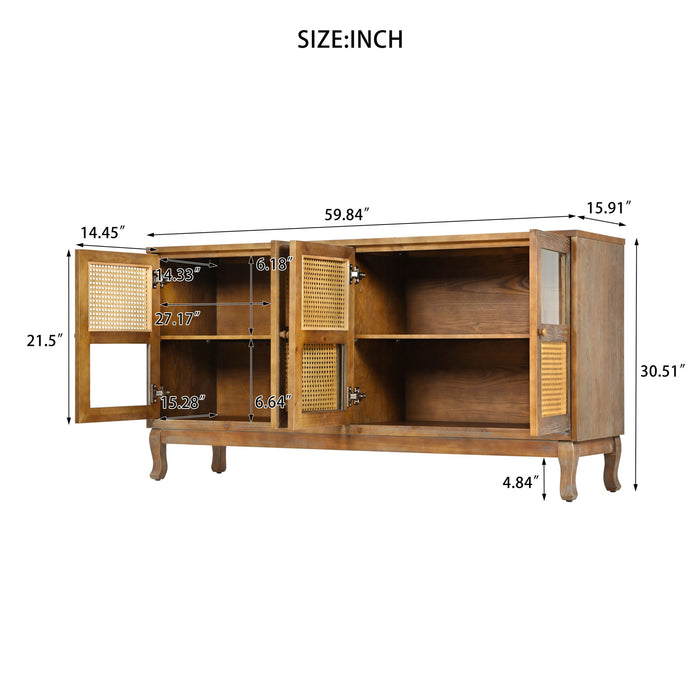 Retro Industrial 4 Door Sideboard With Large Storage, Rattan And Glass Doors