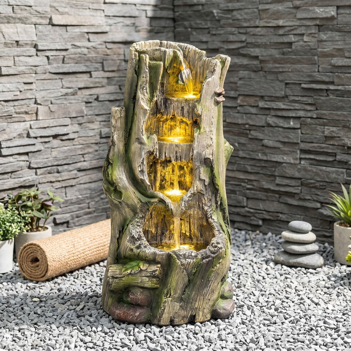 Outdoor Water Fountain, Tree Stump Cascading Fountain With Warm LED Lights - Earthy Yellow