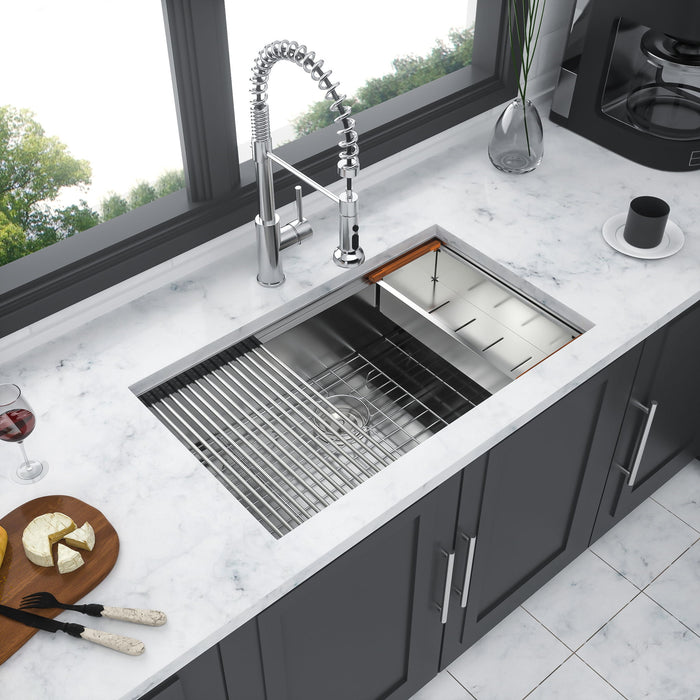 30" Undermount Kitchen Sink 16 Gauge Ledge Workstation - Brushed Nickel