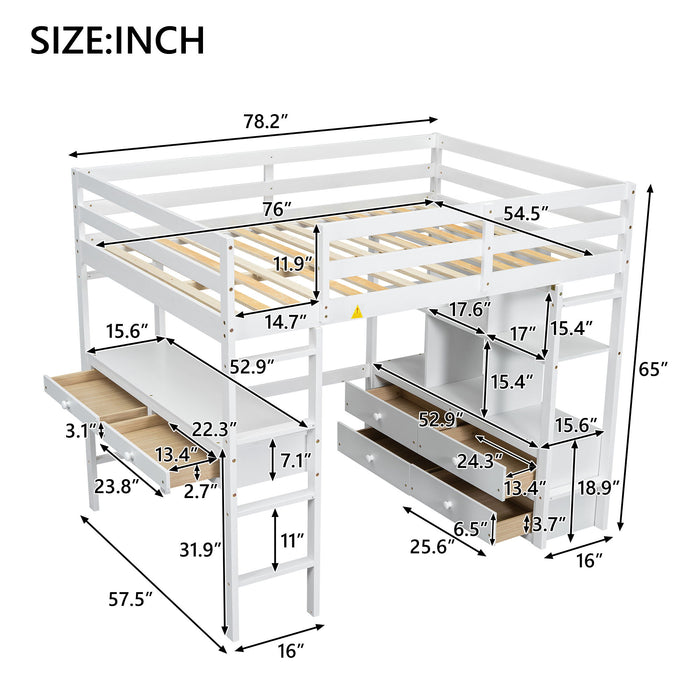 Full Size Loft Bed With Built In Desk, 2 Drawers, Storage Shelves - White
