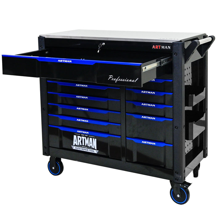 12 Layer Drawer Multi Purpose Tool Cart With Wheels And Iron Top - Black / Blue