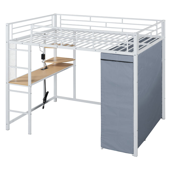 Loft Bed With Desk, Shelves, Power Outlet, LED Light And Wardrobe