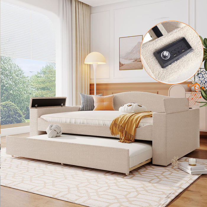 Upholstered Daybed With Storage Armrests, Trundle And Latest Integrated Bluetooth Audio System