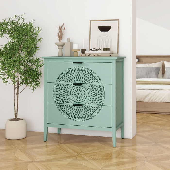 3 Drawer Storage Cabinet With Hollow Carved Design And Metal Handles, Chest For Entryway, Living Room Or Bedroom - Light Green