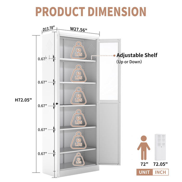 Tall Metal Kitchen Pantry Cabinet With Adjustable Shelves And Silent Magnetic Doors - White