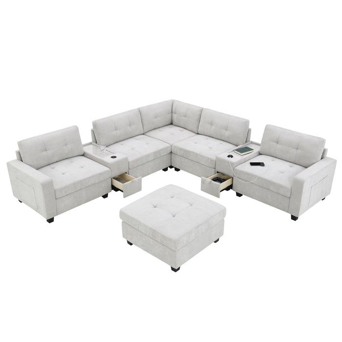 Sectional With Acrylic Table Top U Shaped Couch Set With 2 Consoles USB Charger, Storage Drawers And Pockets Movable Ottoman Tufted Sofa