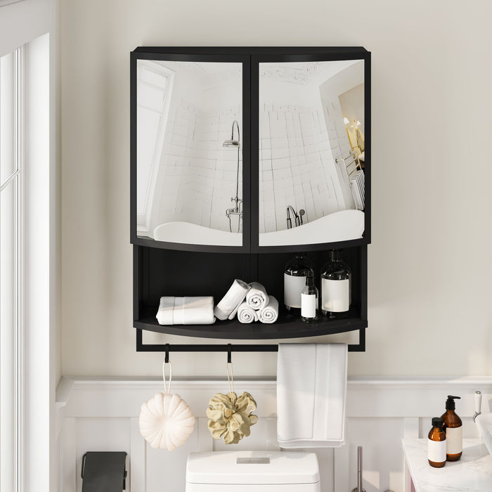 Arched Glass Double Door Wardrobe With Shatterproof Mirror, Open Shelf & Towel Rack