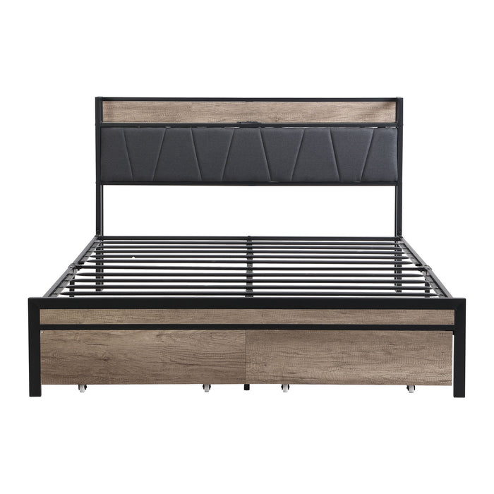 Modern Bed Frame With LED Lights, Upholstered Headboard, USB Charging