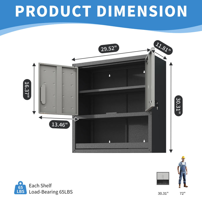 Metal Wall Mounted Tool Storage Cabinet With Locking Door, 1 Shelf & 1 Drawer