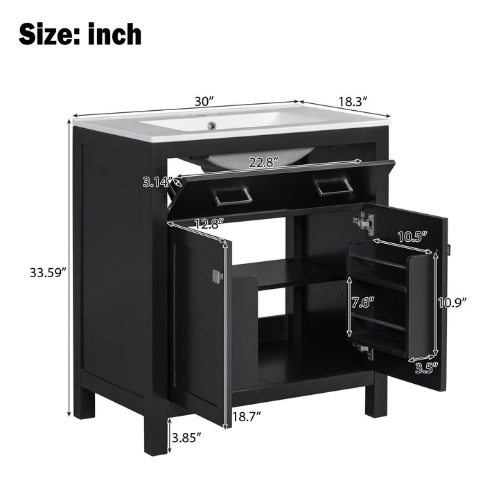 Bathroom Vanity With Ceramic Sink, Modern Single Bathroom Cabinet With 2 Doors And A Shelf, Soft Close Doors