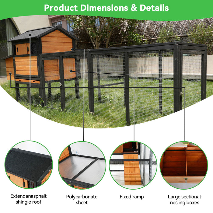 Chicken Coop With Run And Nesting Box, Large Outdoor Hen House For Backyard - Brown / Black