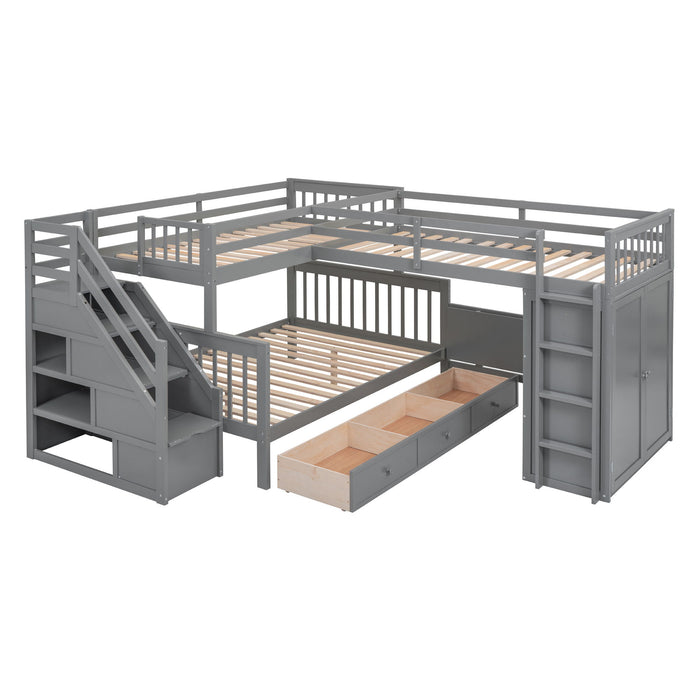 L Shaped Bunk Bed With 3 Drawers, Portable Desk And Wardrobe