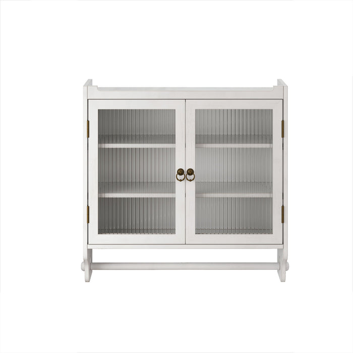 Vintage Double Door Wall Cabinet With Three Tiers Storage And Towel Rack - White Washed