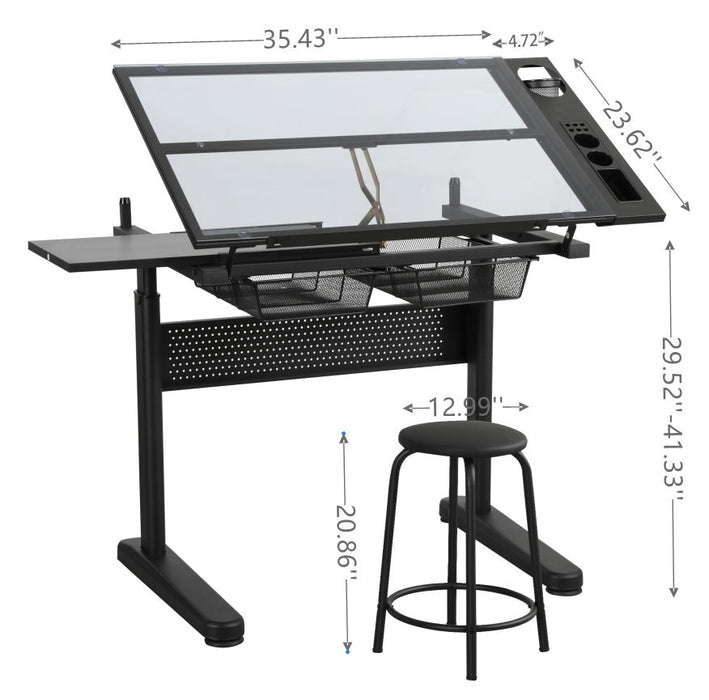 Hand Crank Adjustable Drafting Table Drawing Desk With 2 Metal Drawers With Stool