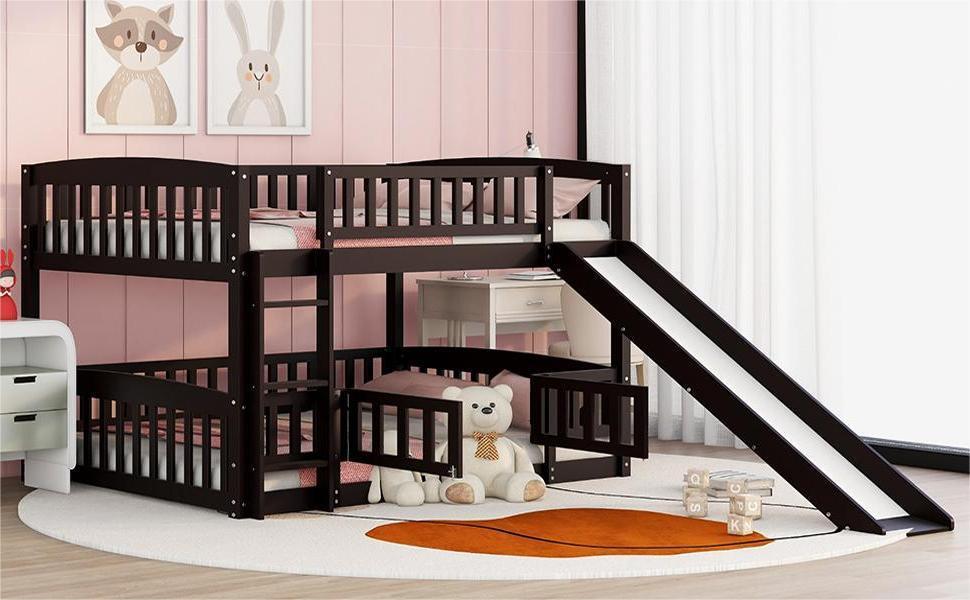 Low Bunk Bed With Slide, Fence And Ladder