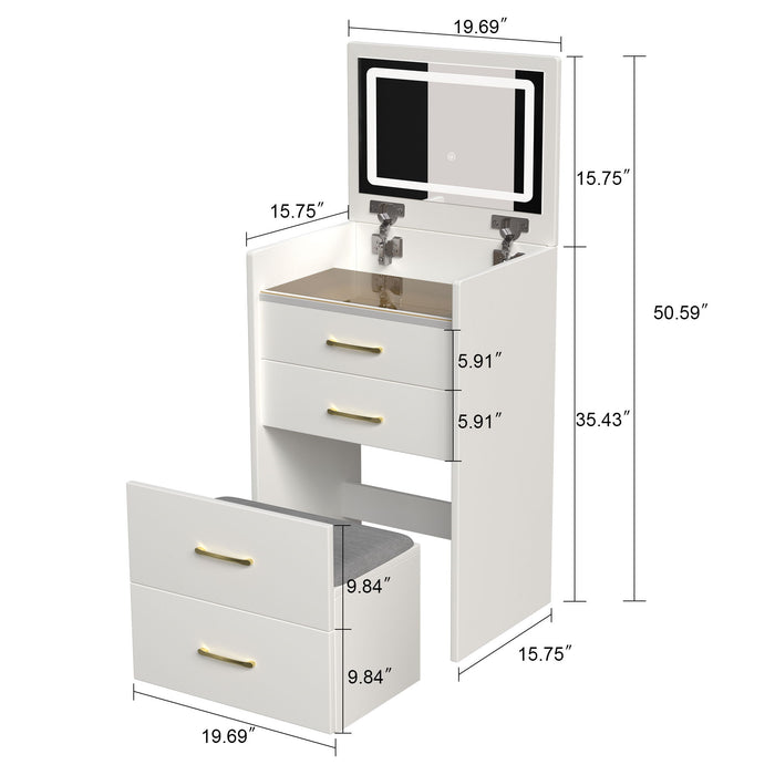 Compact 3 In 1 Vanity Desk With Open Top Mirror, Glass Desktop, 5 Height - White