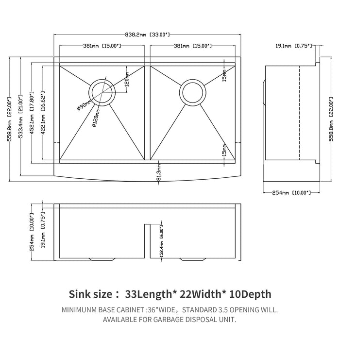 Farmhouse Double Bowl Workstation Kitchen Sink 33" Stainless Steel 16 Gauge Apron Front, Finish - White