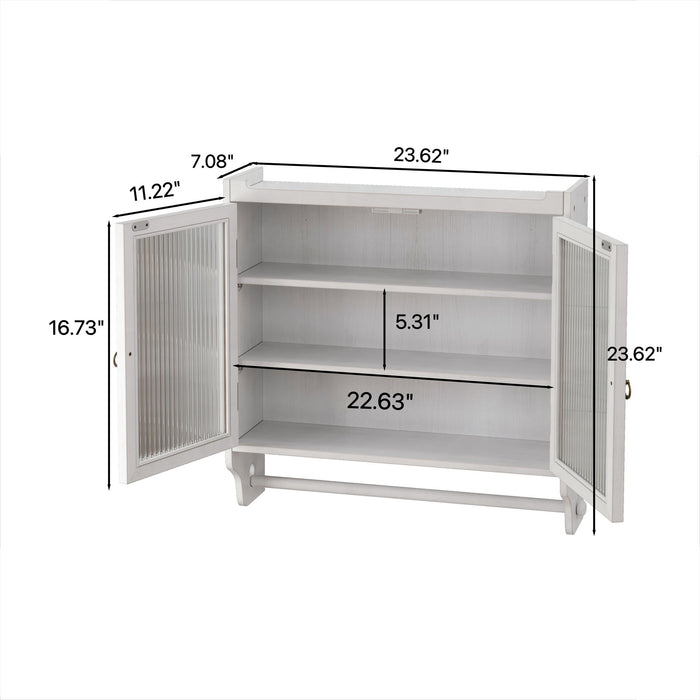 Vintage Double Door Wall Cabinet With Three Tiers Storage And Towel Rack - White Washed