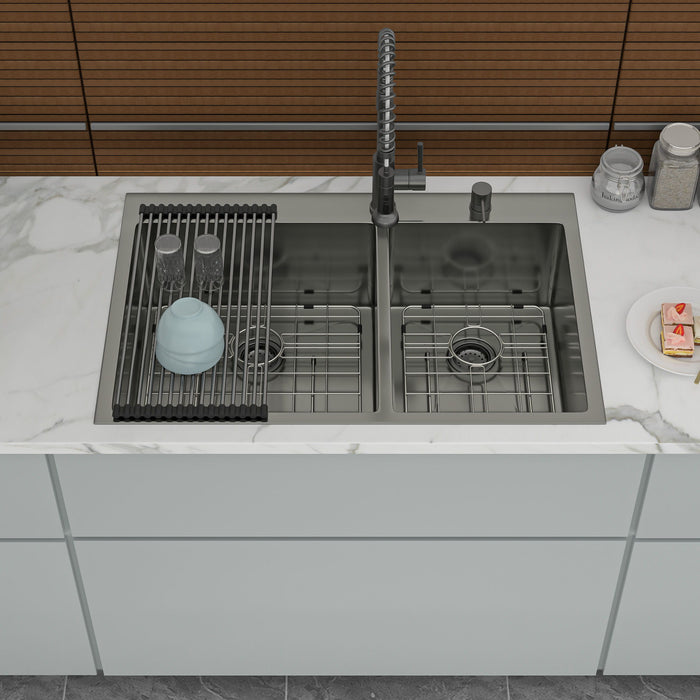 Double Bowl Drop In Sink With 2 - 9" Deep Basins - Gunmetal Black