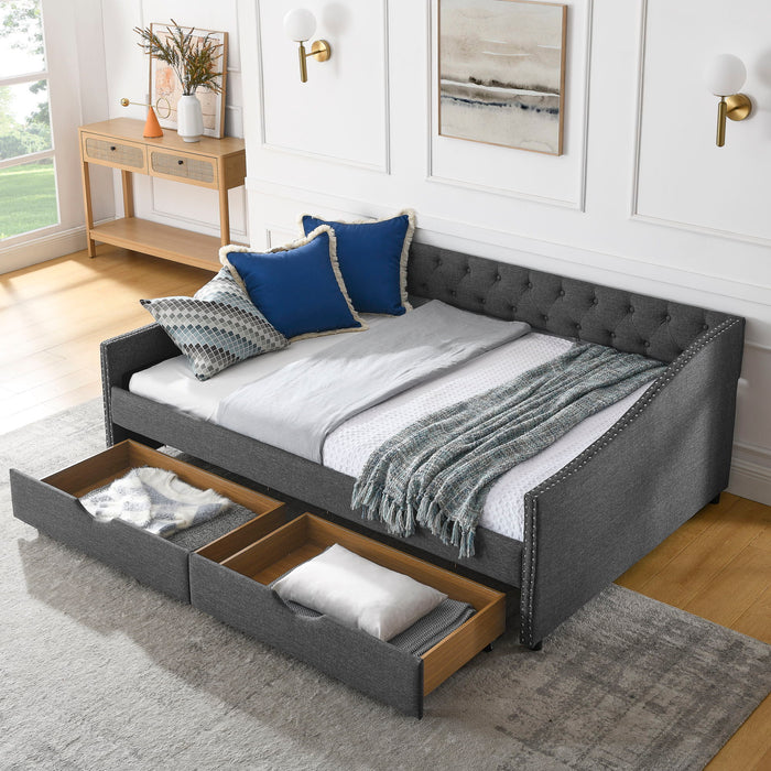 Full Size Upholstered Daybed With Tufted Back And Nail Trimmed Waved Arms - Dark Gray