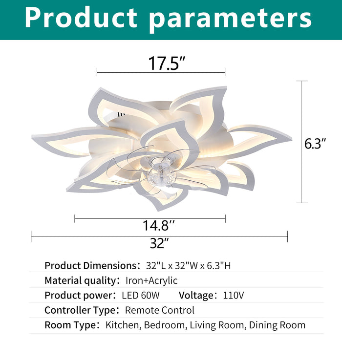 32" Flower Ceiling Fan With LED Dimmable Light, Low Profile Flush Mount Fan With Remote Control, 6 Speeds