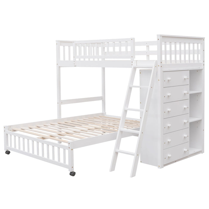 Bunk Bed With 6 Drawers And Flexible Shelves, Bottom Bed With Wheels