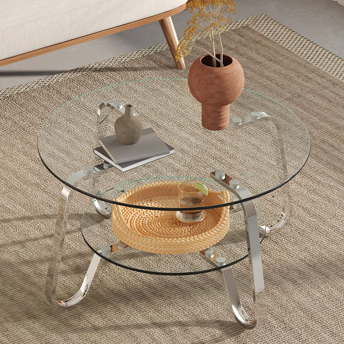Retro Minimalist Style Metal Frame Double Layer Tempered Glass Coffee Table