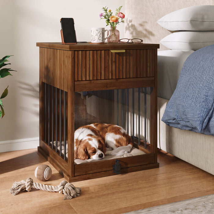 Dog Crate End Table With Charging Station - Antique Brown
