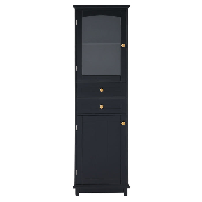 Tall Bathroom Storage Cabinet With Glass Doors, Free-Standing, Two Drawers, And Adjustable Shelves, Board, Painted Perfect For Displaying Your Favorite Items